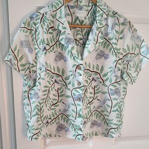 Cynthia Rowley White Button-Front Blouse with Green Leaf & Brown Branch Print